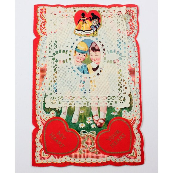 Vintage Valentine Card: 1920s-30s Paper Doily Children's Swing - Picture 1 of 8